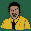 pen and ink portrait of a Black man wearing a yellow shirt and dark tie, against a green background