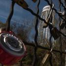 A close-up of a red padlock on a fence, with a water tower visible in the background.