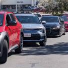  A line of cars in the sunshine. 