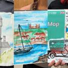 Three pieces of art by students being held by students in a triptych