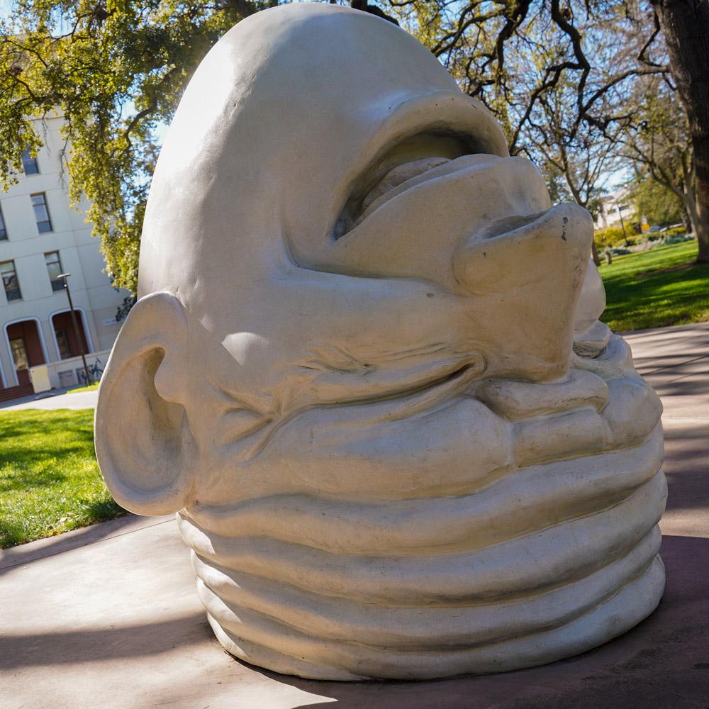 A closeup of an Egghead sculpture title "Eye on Mrak" with trees in the background