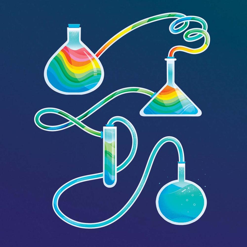 an illustration of chemicals in a rainbow pattern filtering through beakers on a dark blue background