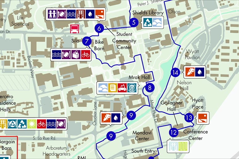 A map of the UC Davis campus with sustainability points of interest